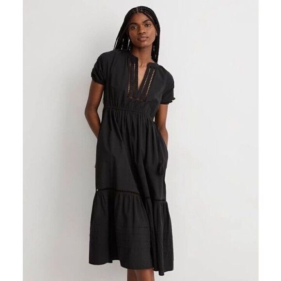 Madewell Black Poplin Tired Maxi Dress Embroidered Puff Sleeve Sz XXS - Picture 4 of 8